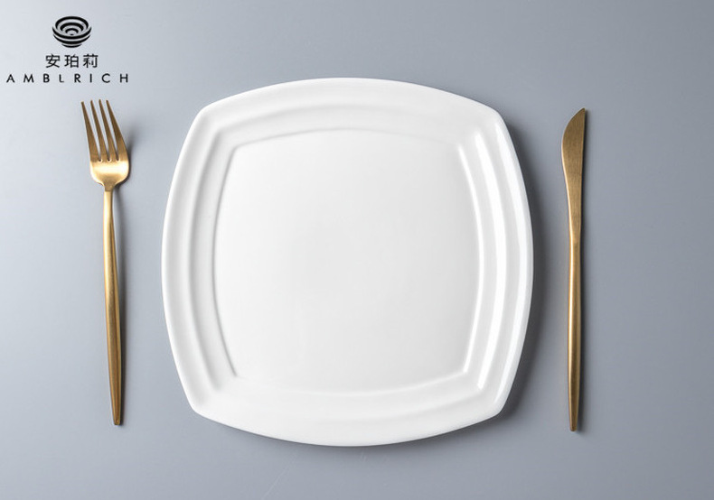 厂家直供镁质后厨餐具10英寸四角现代纹盘釉下彩陶瓷盘logo印花- 玖诚 
